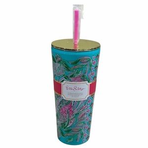 Lilly Pulitzer floral tumbler with straw and gold lid